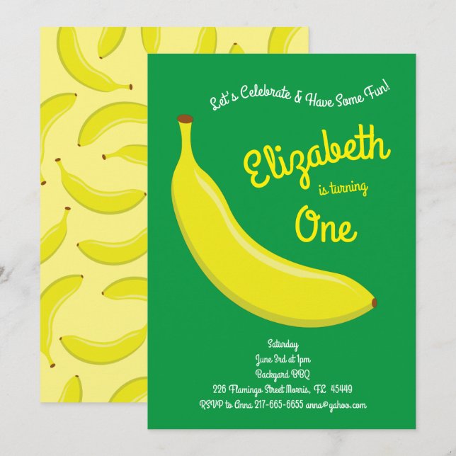 Cute Fruit Banana Kids 1st Birthday Party Invitation (Front/Back)