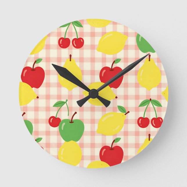 Cute Fruit Gingham Pattern Round Clock (Front)