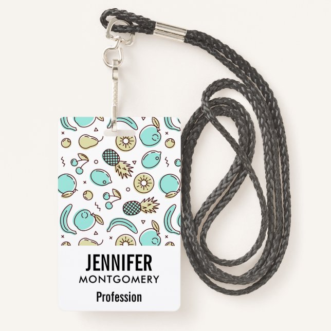 Cute Fruit Pattern Summery Line Drawing ID Badge (Back with Lanyard)