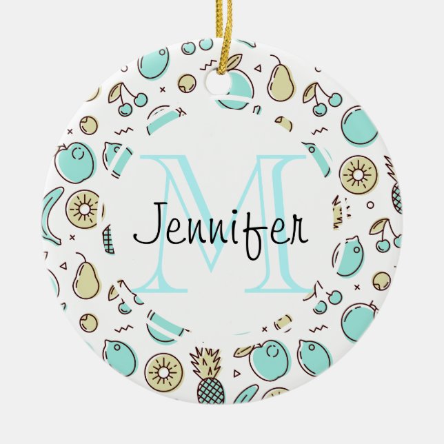 Cute Fruit Pattern Summery Line Drawing Monogram Ceramic Tree Decoration (Front)