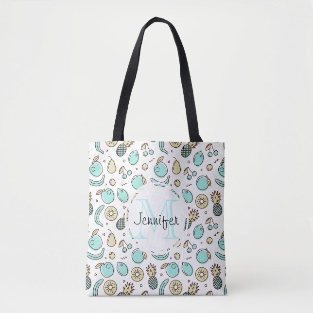 Cute Fruit Pattern Summery Line Drawing Monogram Tote Bag (Front)