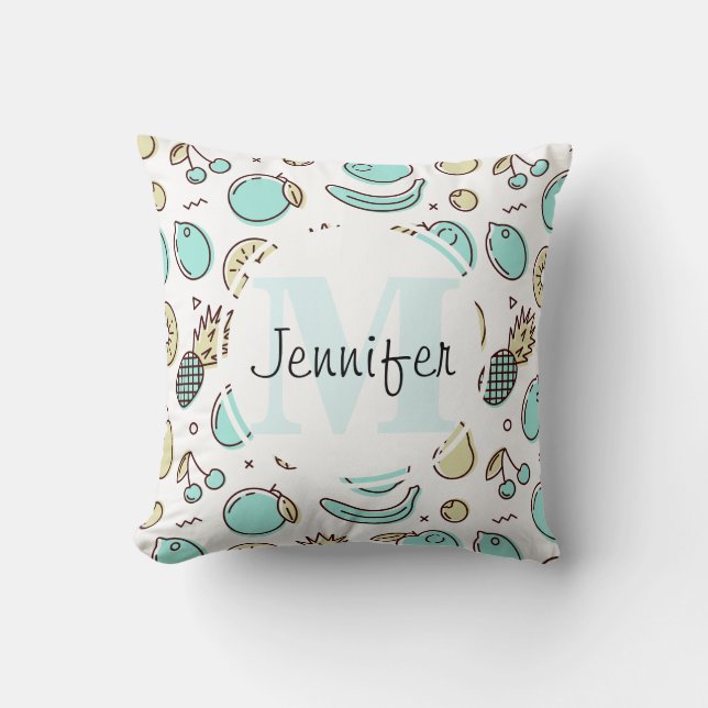 Cute Fruit Pattern Summery Themed Monogram Cushion (Front)