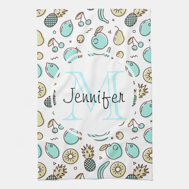 Cute Fruit Pattern Summery Themed Monogram Tea Towel (Vertical)