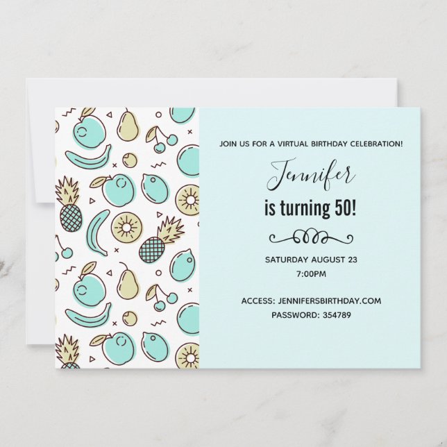 Cute Fruit Pattern Summery Themed Virtual Birthday Invitation (Front)