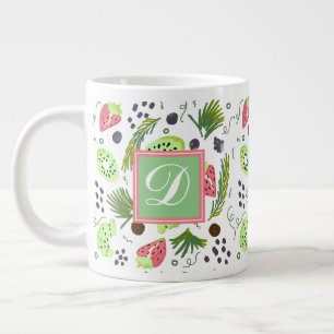 Cute Fruit Salad Kiwi Strawberries Doodle Monogram Large Coffee Mug