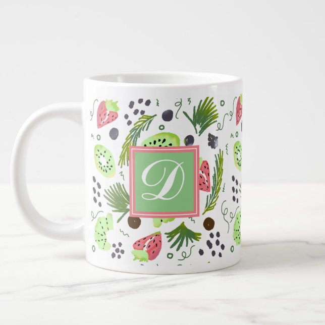 Cute Fruit Salad Kiwi Strawberries Doodle Monogram Large Coffee Mug (Left)