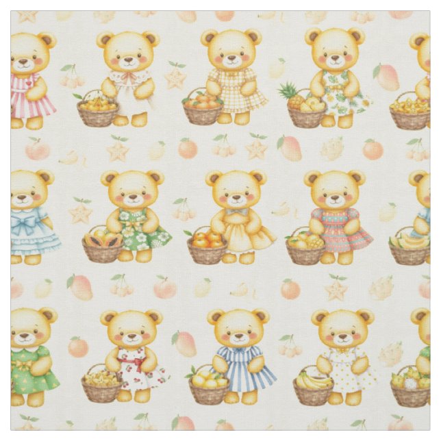 Cute Fruit Teddy Bear and Baskets Seamless Pattern Fabric (Swatch)