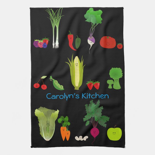 Cute Fruits And Veggies Personalised Tea Towel (Vertical)