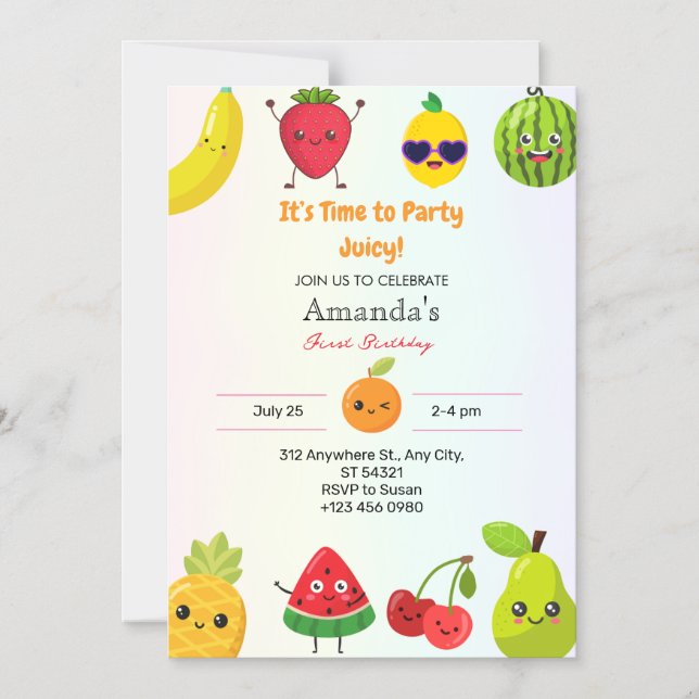 Cute Fruits First 1st Birthday Girl Magnetic   Invitation (Front)
