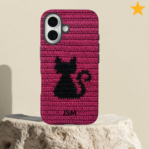 Cute Fuchsia Crochet Cat Custom Initial Monogram   iPhone 16 Case