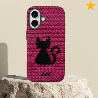 Cute Fuchsia Crochet Cat Custom Initial Monogram   iPhone 16 Case