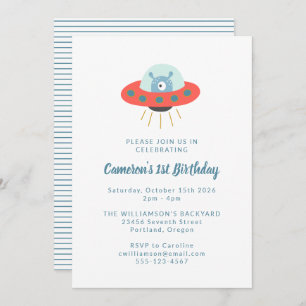 Cute Fun Alien Spaceship 1st Birthday Party Invitation