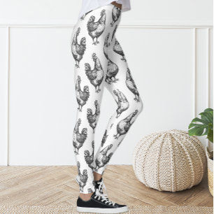 Cute Fun Black and White Sketch Chicken Hen Leggings