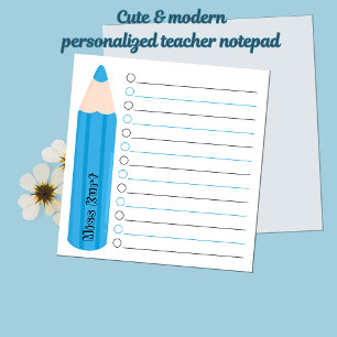 Cute Fun Blue Pencil Lined Personalised Teacher Notepad