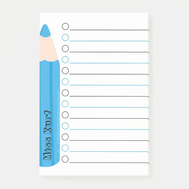 Cute Fun Blue Pencil Lined Personalised Teacher Post-it Notes (Front)