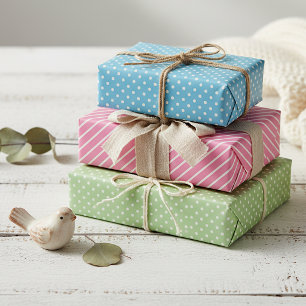 Cute Fun Blue Pink Green Stripes Polkadots Art Wrapping Paper Sheet