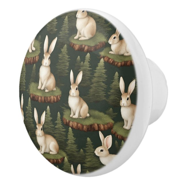 Cute Fun Bunnies On Evergreen Background Ceramic Knob (Right)