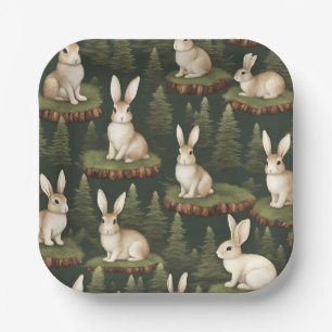 Cute Fun Bunnies On Evergreen Background Paper Plate