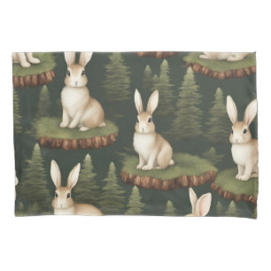 Cute Fun Bunnies On Evergreen Background Pillowcase