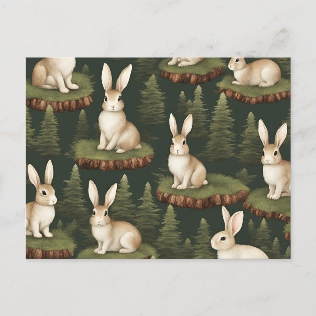 Cute Fun Bunnies On Evergreen Background Postcard (Front)