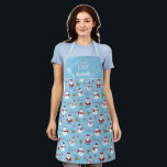 Cute fun cartoon snowman Santa Claus Christmas Apron<br><div class="desc">Cute light blue family matching apron featuring a fun pattern with lovely cartoon snowmen with red and scarfs and red and black hats, and adorable little Santa Clauses, decorated with snowflakes, green and red holly leaves, and red and white candy canes. The caption on the upper part, decorated with a...</div>