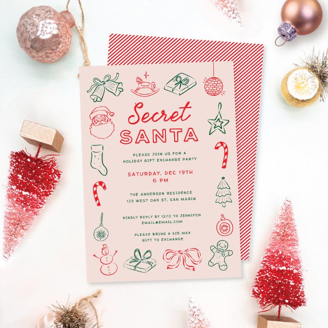 Cute Fun Christmas Doodles Secret Santa Holiday Invitation (Creator Uploaded)