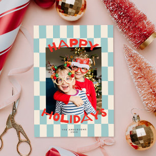 Cute Fun Colourful Blue Chequered Christmas Photo Holiday Card