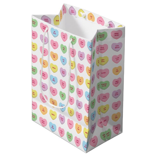 Cute fun colourful conversation hearts pattern medium gift bag (Front Angled)