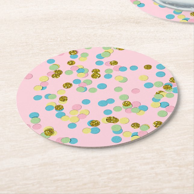 Cute Fun Colourful Modern Confetti Dots Round Paper Coaster (Angled)