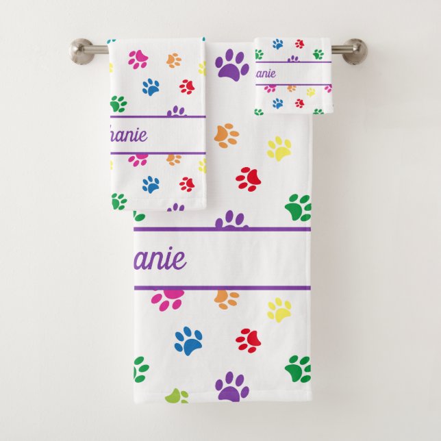Cute Fun Colourful Paw Prints Personalised Bath Towel Set (Insitu)