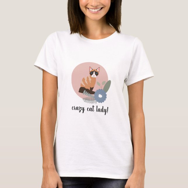 Cute Fun Crazy Cat Lady Tshirt - Pink Floral (Front)