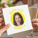 Cute Fun Custom Photo Happy 21st Birthday Party  Napkin<br><div class="desc">Make their milestone moment unforgettable with these custom “Happy 21st” cocktail napkins featuring the guest of honor’s photo in a bold circle frame and their name printed underneath. The clean modern typography and bright accent color create a fun, eye‑catching design that looks great on bar carts, dessert tables, and in...</div>