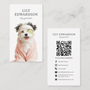 Cute Fun Dog Illustration Pet Dog Groomer QR Code Business Card