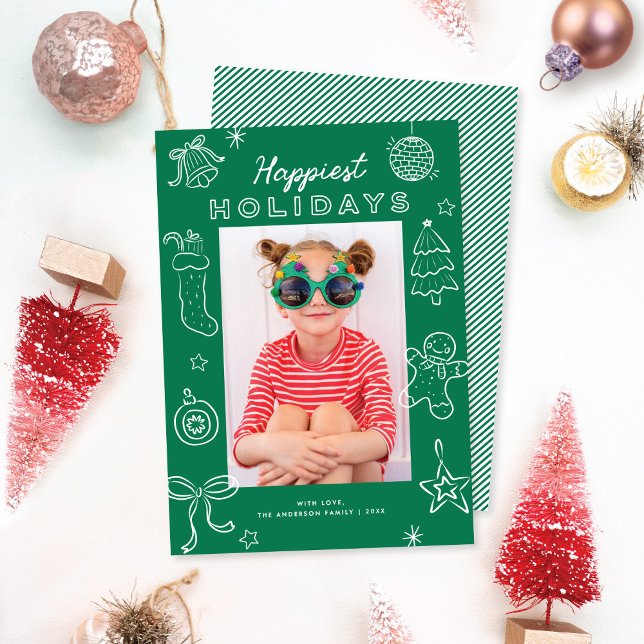 Cute Fun Doodles Green Christmas Photo Holiday Card (Creator Uploaded)