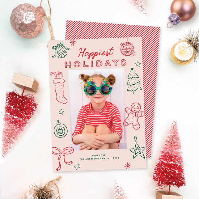 Cute Fun Doodles Pink Red Green Christmas Photo Holiday Card (Creator Uploaded)