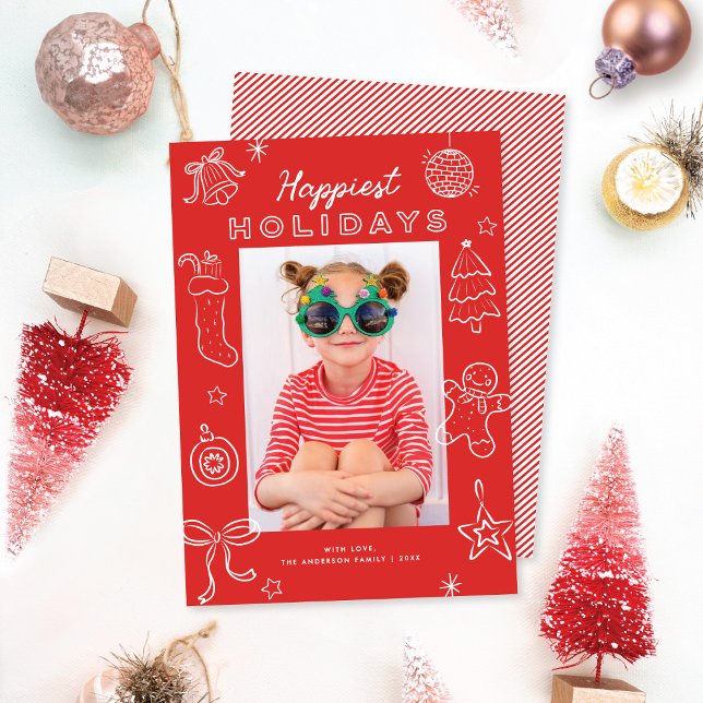 Cute Fun Doodles Red Christmas Photo Holiday Card (Creator Uploaded)