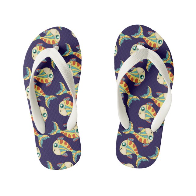 Cute Fun Fish Pattern Navy Blue Kid's Jandals (Footbed)
