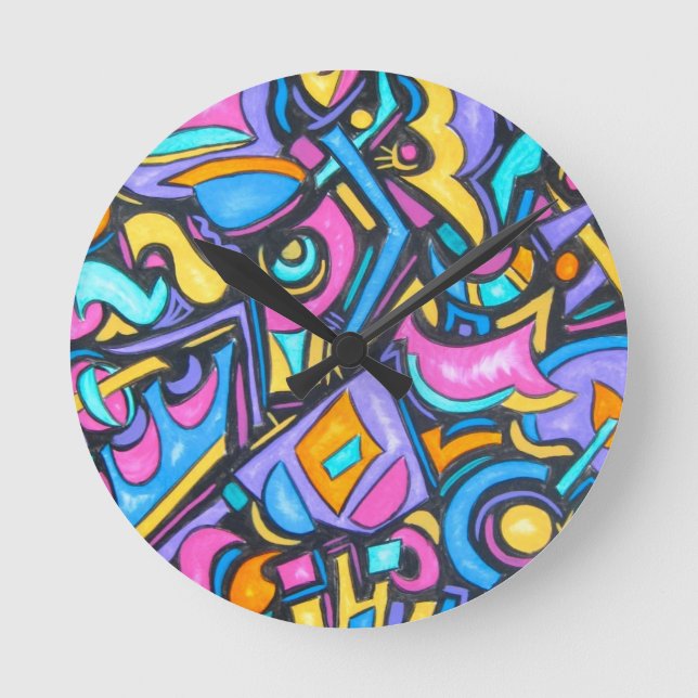 Cute Fun Funky Colorful Bold Whimsical Shapes Round Clock (Front)