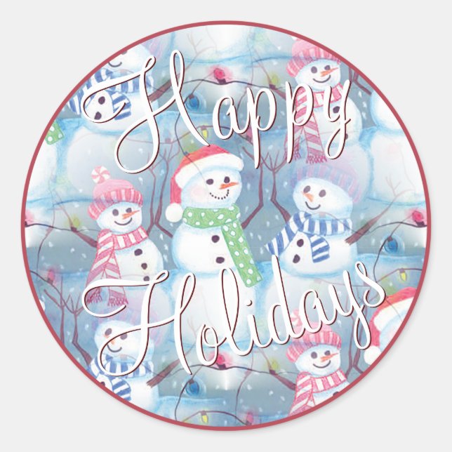 Cute Fun Funny Christmas Holiday Snowmen Pattern Classic Round Sticker (Front)