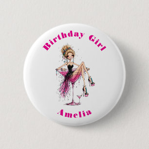 Cute Fun Girl in a Martini Glass Birthday Girl  6 Cm Round Badge