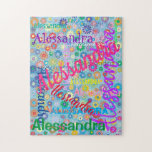 Cute Fun Girly Colourful Floral Name Collage Jigsaw Puzzle<br><div class="desc">This fun puzzle is perfect for days when you're stuck inside. The girly design features colourful flowers on a blue background with her name in a variety of fonts and sizes strewn about in different sizes and directions.</div>