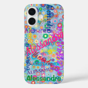Cute Fun Girly Name Collage with Flowers Blue iPhone 16 Case