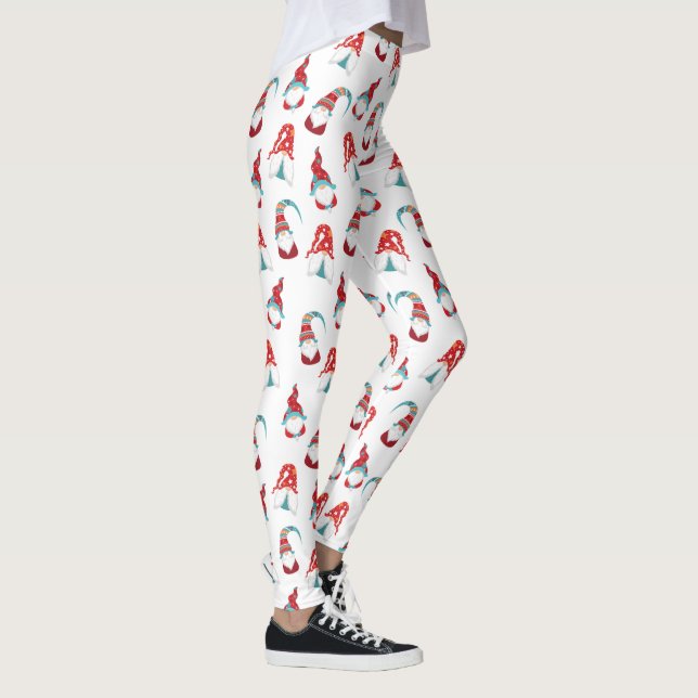 Cute Fun Gnome Elf Modern Nordic Pattern White Leggings (Right)