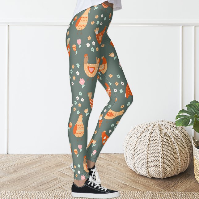 Cute Fun Green Orange Floral Chicken Leggings (Creator Uploaded)