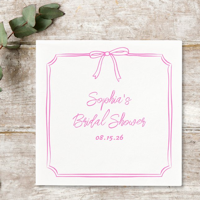 Cute Fun Hot Pink Simple Girly Bow Bridal Shower Napkin (Celebrate with these bold hot pink bridal shower napkins—perfect for a chic and playful event.)