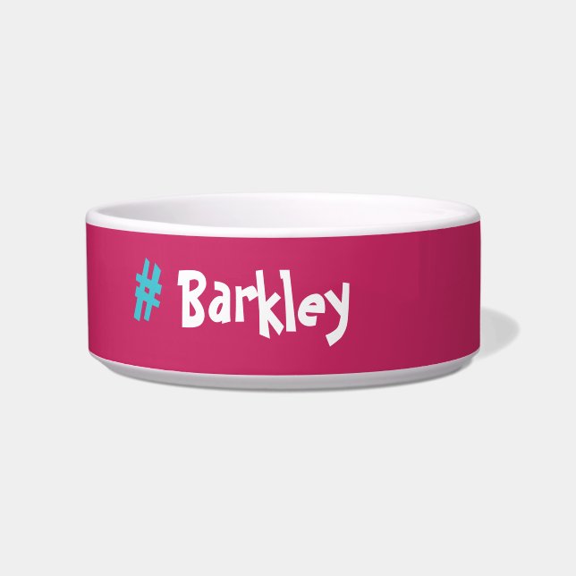Cute Fun Hot Pink with blue #Customisable Name  Bowl (Front)