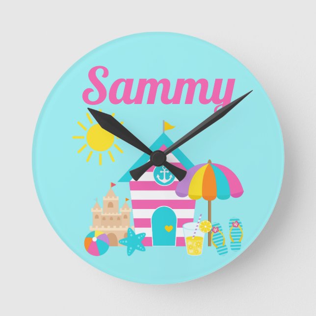 Cute Fun Kids Beach Summer Round Clock (Front)