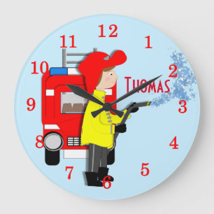 Cute Fun Kids Cartoon Fire-Fighter Truck Themed Large Clock