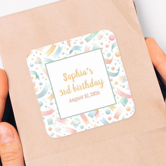 Cute Fun Kids Confetti Colourful Pastel Birthday Square Sticker (Celebrate in style with custom name birthday stickers. Perfect for party favors and gift bags!)