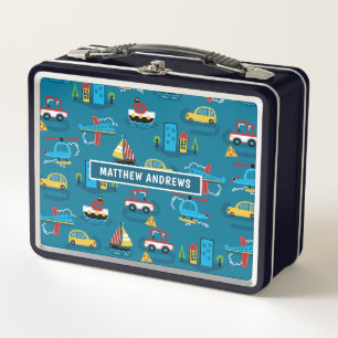 Cute Fun Kids Transport Pattern Personalised Name Metal Lunch Box